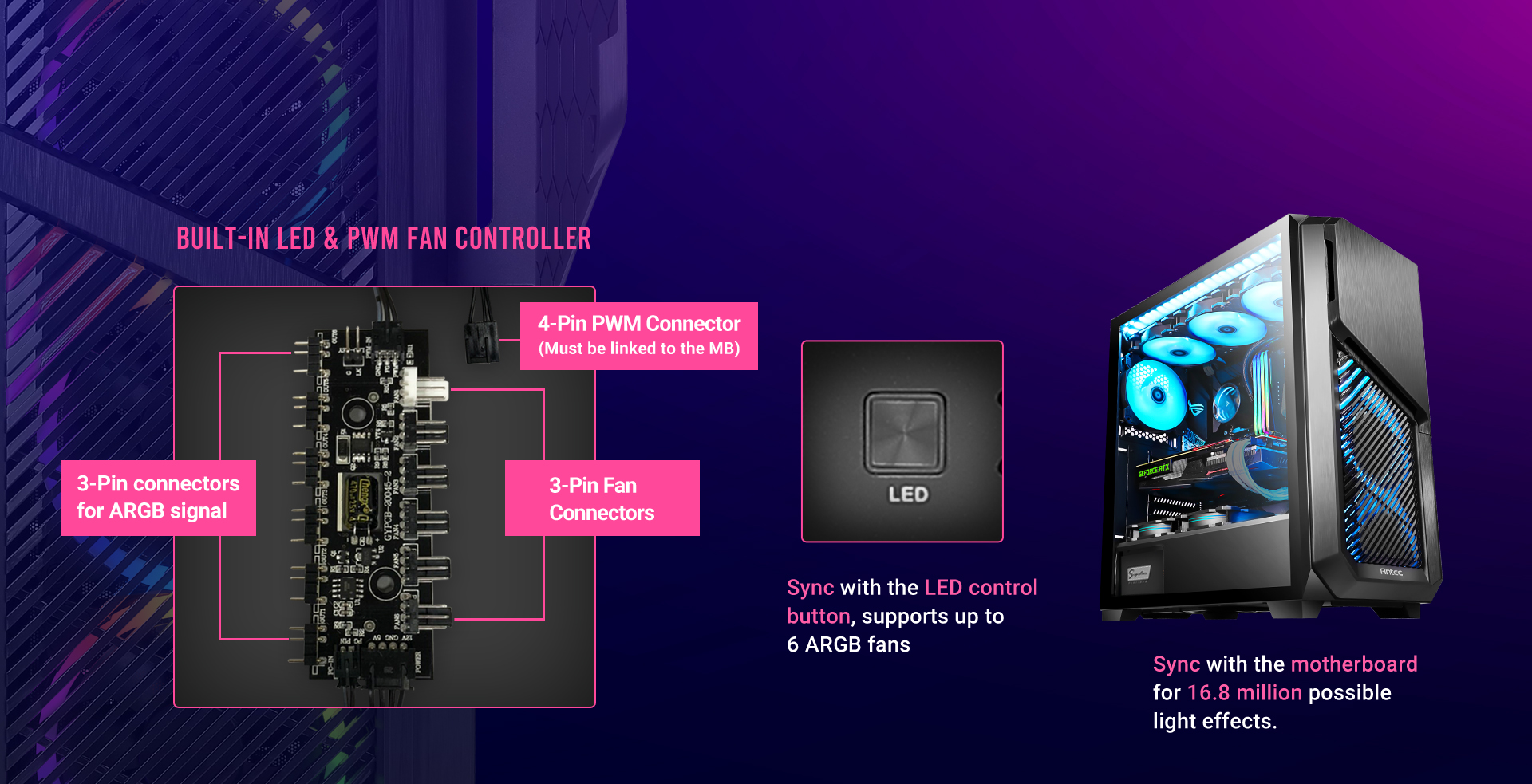 Antec Dark League DP502 FLUX, Mid-Tower ATX Gaming Case, FLUX Platform, 5 x  120mm Fans Included, ARGB PWM Fans with Controller, 5.25